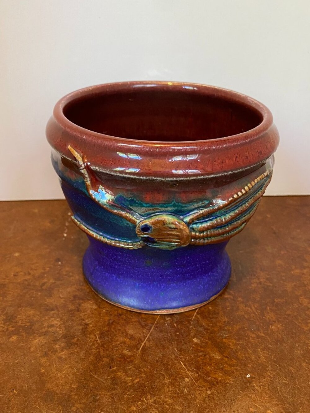 Vintage Ceramic Cup Mug Hand Thrown Cobalt Blue Green Red Octopus Squid Boho
